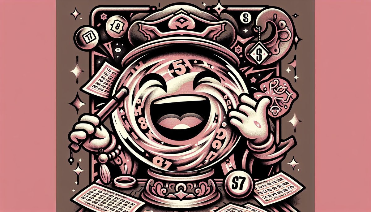 Cheerful cartoon gambling character (round, coin-like) laughing with lottery tickets and cards around it.