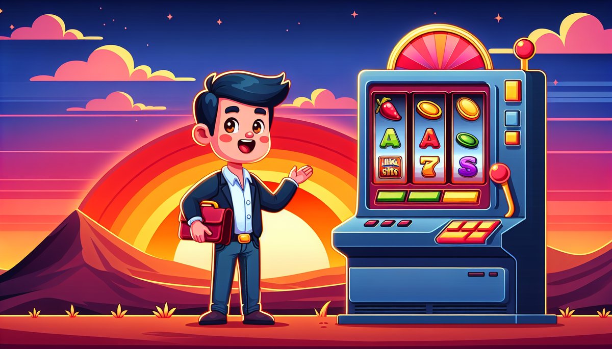 Cartoon man in a suit with a briefcase standing beside a colorful slot machine at sunset.