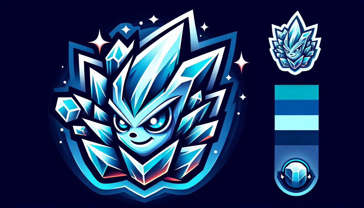 Stylized ice-crystal mascot with a confident face, formed from blue shards on a dark blue background, like a gaming emblem.
