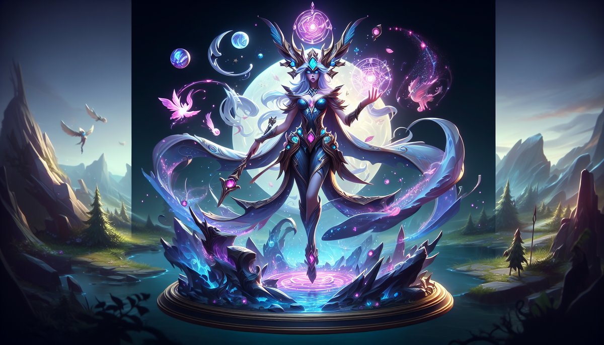 Fantasy sorceress stands on a glowing pedestal, conjuring pink and blue magical orbs against a moonlit landscape.