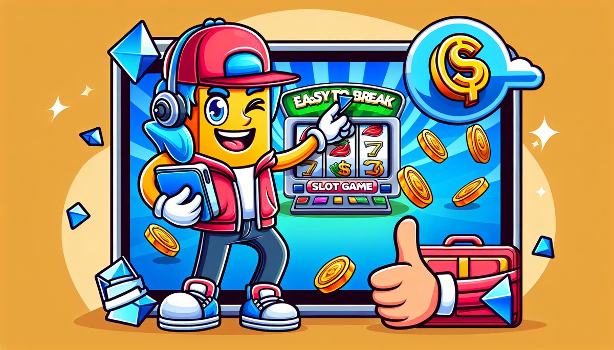Cartoon gamer with headset and red cap promotes an online slot game on a bright screen, coins flying and a thumbs-up near a wallet.