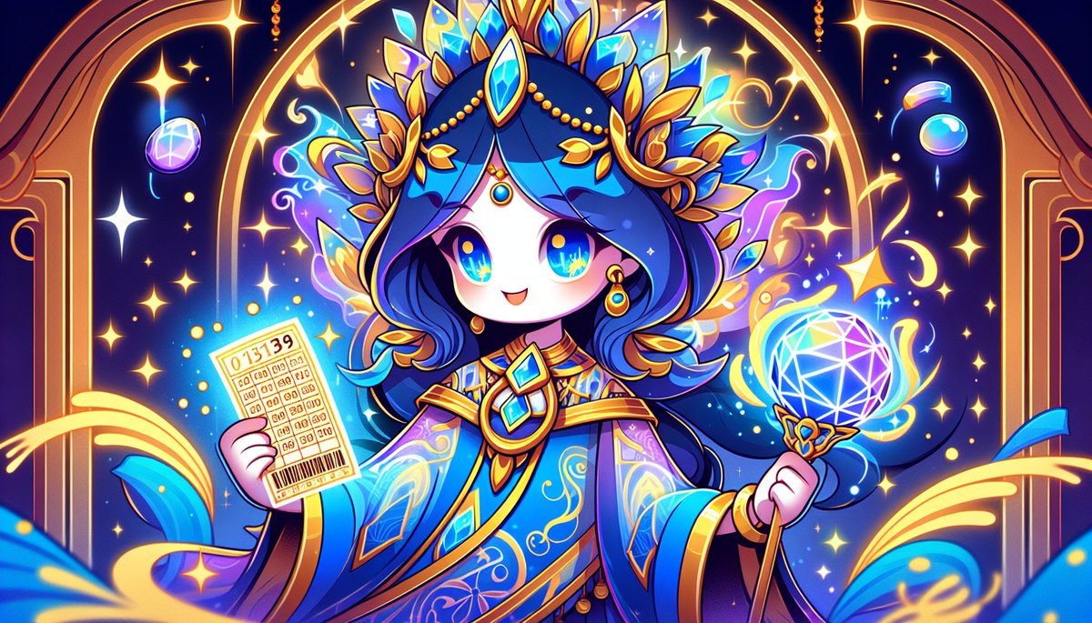 Cute anime-style mage in blue and gold robes, holding a glowing crystal orb and a magic card amid starry sparks.