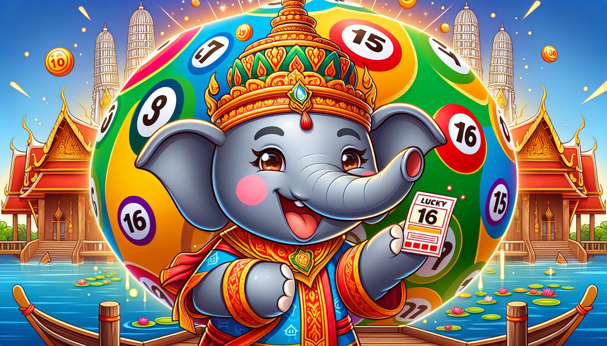 Cartoon elephant deity in a gold crown and colorful robes, holding a Lucky 16 lottery ticket beside bright numbered balls.