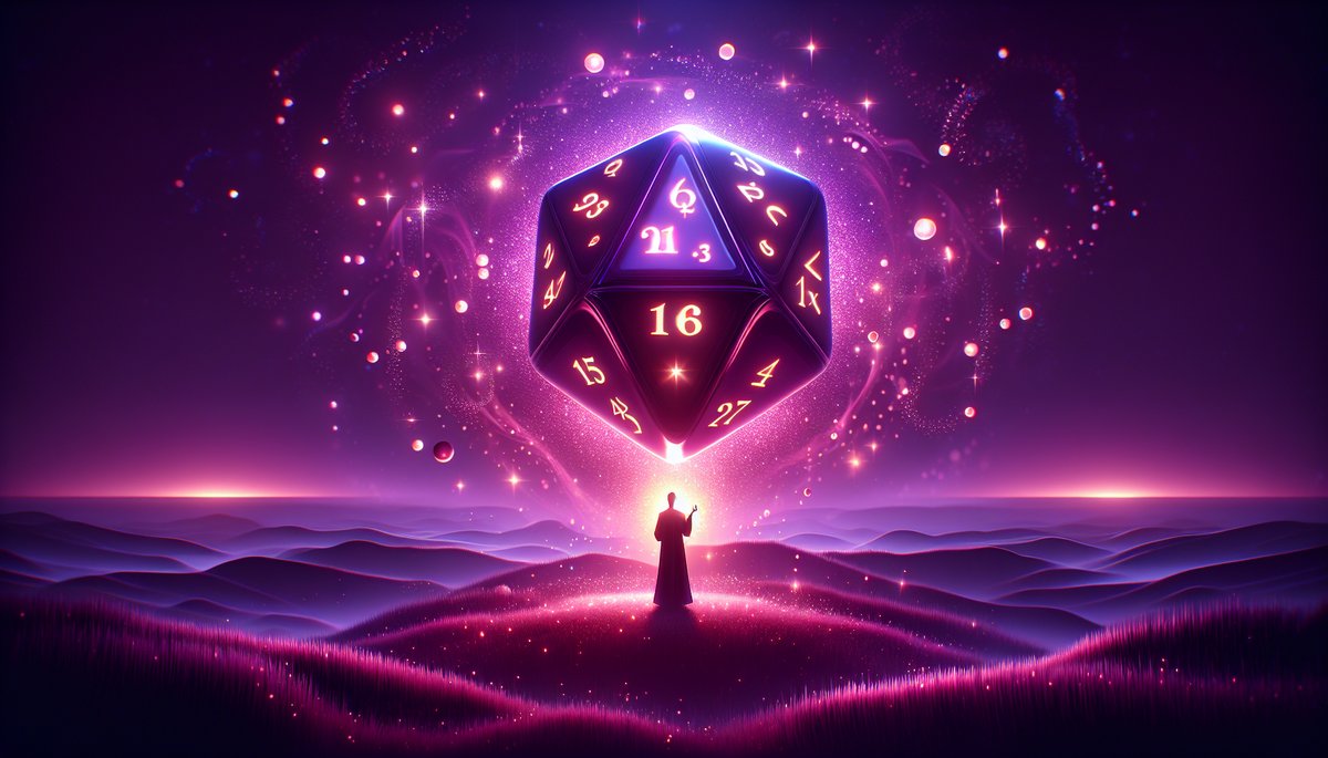 A glowing purple twenty-sided die floats above a robed, hooded figure in a surreal purple desert with sparkling stardust around.