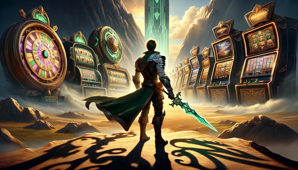 Armored warrior with a teal-glowing sword stands on a rocky outcrop, facing a row of ornate slot machines in a surreal canyon.