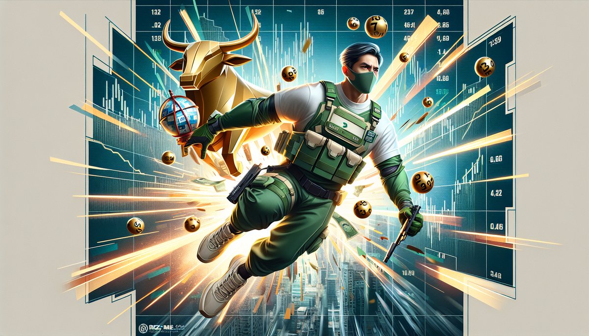 Masked tactical operator in green vest leaps forward through a digital financial-chart backdrop with a gold bull and floating orbs/coins